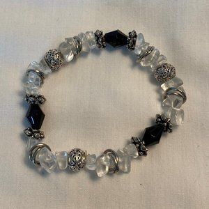 Adjustable Clear, black and silver beaded bracelet
